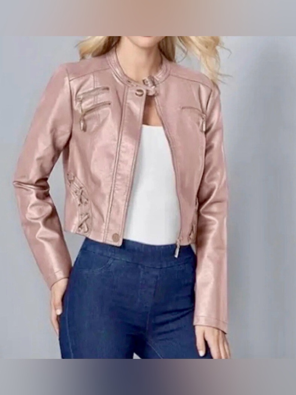 VENUS Blush Pink Faux Leather Cropped Jacket size L - fits me (I’m size M)